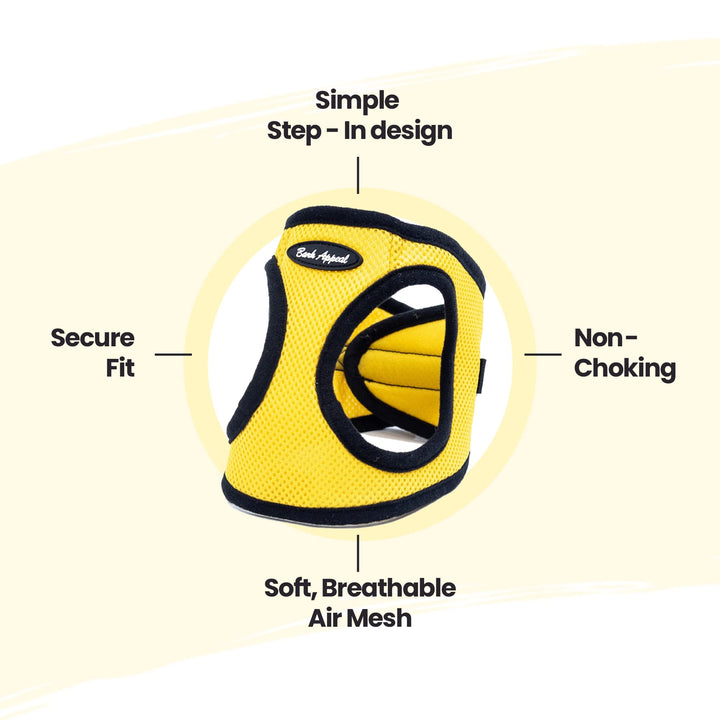 Yellow Solid Step-in Dog Harness by Bark Appeal, Mesh Vest Harness for Dogs, Non-Choking with Adjustable Heavy-Duty Buckle for Safe, Secure Fit