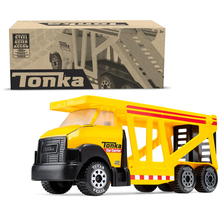 Tonka Steel Classics, Classic Car Carrier – Made with Steel and Sturdy Plastic, Yellow Friction Powered, Boys and Girls, Toddlers Ages 3+, Big Construction Truck, Birthday Gift, Holiday