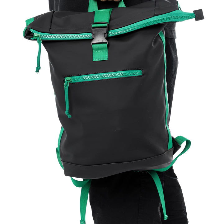 X RAY Roll Top Laptop Backpack for Men Women, PU Leather Expandable Casual Daypack Capacity Adjustable 22L Fits 15.6" Laptop, Black/Kelly Green One Size