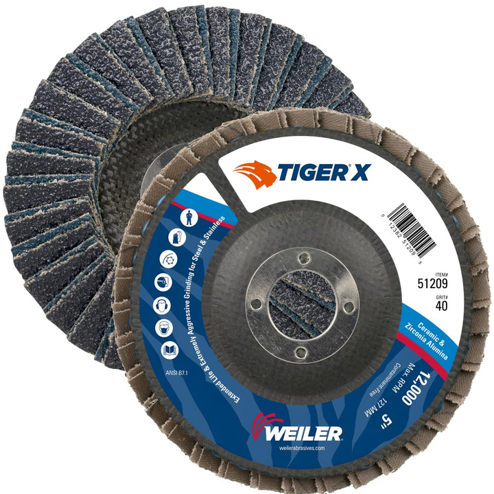 Weiler 51209 Tiger X Flap Disc, Ceramic and Zirconia Alumina, Angled, Phenolic Backing, 40 Grit, 5", 7/8" Arbor Hole (Pack of 10) High Performance Steel / Metal