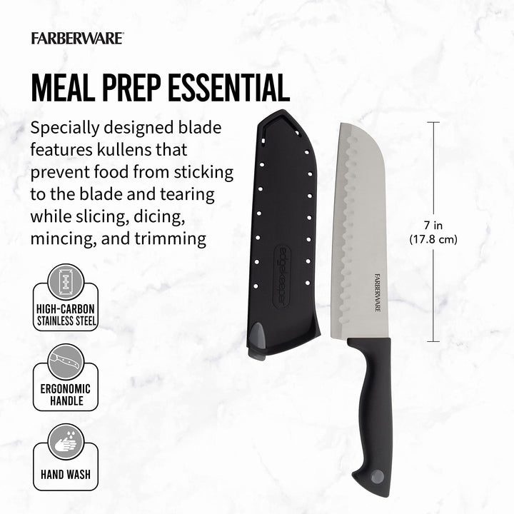 Farberware Edgekeeper 7-Inch Santoku Knife with Self-Sharpening Blade Cover, High Carbon-Stainless Steel Kitchen Knife with Ergonomic Handle, Razor-Sharp Knife, Black