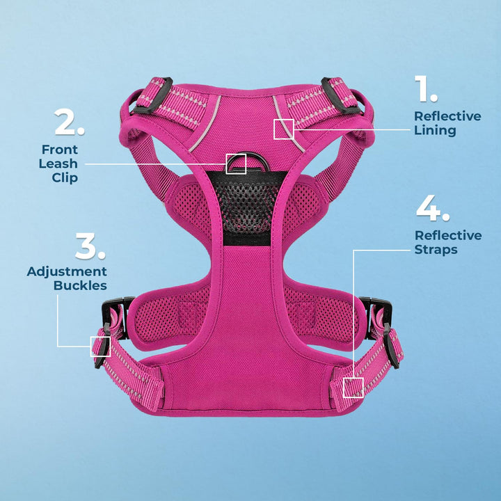 Dog Harness Dual Leash Attachment No-Pull Control Adjustable Soft But Strong Pet Harness For Medium And Large Dogs With 3M Reflective Technology - Fuchsia, S (Chest: 16 - 20") S (Chest: 16 - 20") Fuchsia (Nylon)