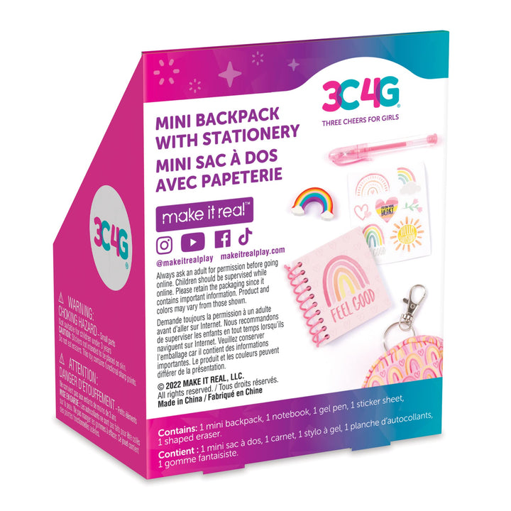 3C4G: Mini Stationary Backpack: Pink - Rainbow Pattern, Stocked with Everything Mini, Make It Real, Three Cheers for Girls, Tween & Girls, Kids Ages 8+