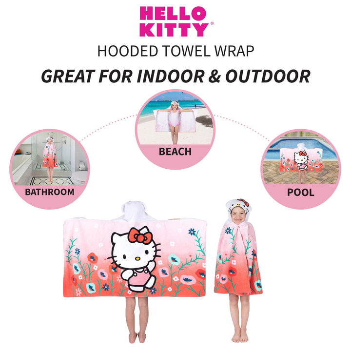 Hello Kitty Bath/Pool/Beach Soft Cotton Terry Hooded Towel Wrap, 24 in x 50 in, By Franco Kids Hello Kitty