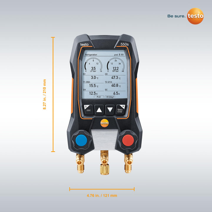 Testo 550s AC Manifold Gauge Set – Manifold Gauges Hvac and Refrigeration – Incl. 2x testo 115i Pipe Clamp Thermometer, 1x testo 552i Micron Gauge - AC Recharge Kit, AC Gauge Set with Bluetooth Vacuum Kit Digital Manifold