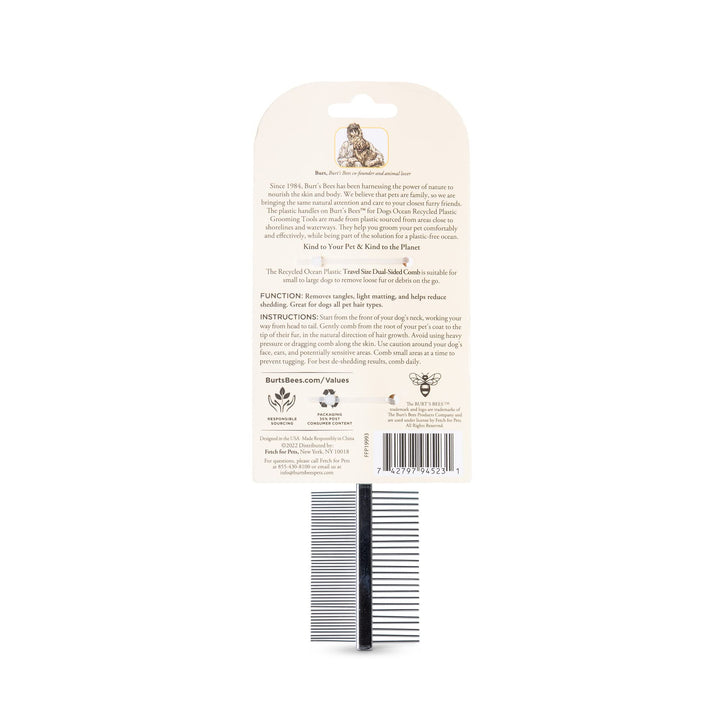 Burt's Bees for Pets Dual Sided Flea Comb with Handle Made from Recycled Plastics Collected from Coastal Communities | 2-in-1 Grooming Tool for Dogs | Dog Comb Removes Fleas & Flea Eggs