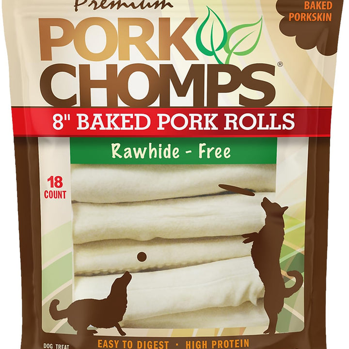 Pork Chomps Baked Pork Skin Dog Chews, 8-inch Rolls, 18 Count (Pack of 1) 18 Count (Pack of 1)