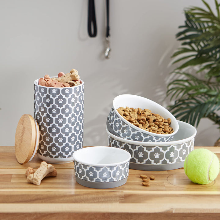 Bone Dry Lattice Pet Bowl, Removable Silicone Ring Creates Non-Slip Bottom for Secure Feeding & Less Mess, Microwave & Dishwasher Safe, Small Set, 4.25x2", Gray, 2 Count