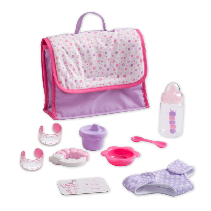 10 Piece Deluxe Diaper Bag Gift Set | Feat. 13" Realistic Smiling Baby Newborn Doll | La Newborn - JC Toys | All Vinyl | Washable | Ages 2+, Pink Pink Diaper Changing