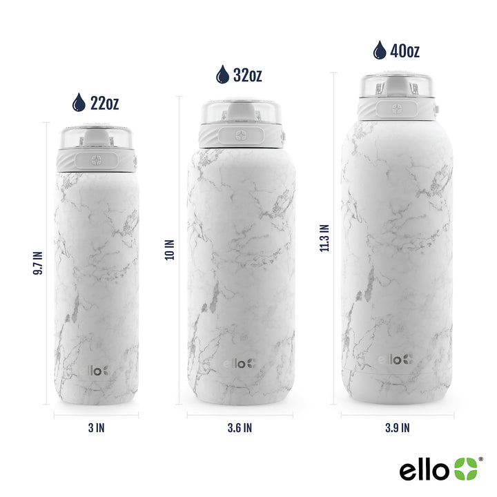 Ello Cooper Stainless Steel Water Bottle with Straw and Carry Handle, Double Walled and Vacuum Insulated Metal, Leak Proof Locking Lid with Soft Silicone Spout, Reusable, BPA Free, 22oz, 32oz, 40oz White Marble