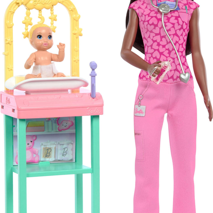 Barbie Baby Doctor Doll with Brunette Fashion Doll Wearing Pink Scrubs, 1 Baby Doll with Baby Accessories & Furniture