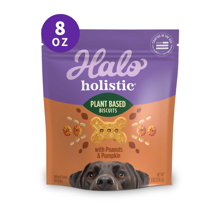 Halo Plant-Based Dog Treats with Peanuts & Pumpkin, Vegan Dog Treat Pouch, 8 oz bag Peanut n’ Pumpkin 8 Ounce (Pack of 1)