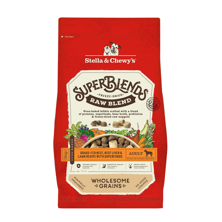 Stella & Chewy's SuperBlends Raw Blend Wholesome Grains Grass-Fed Beef, Beef Liver & Lamb Recipe with Superfoods, 3.25 lb. Bag 3.25 Pound (Pack of 1)