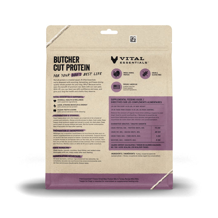 Vital Essentials Freeze Dried Raw Protein Mix-in Dog Food Topper, Turkey Mini Nibs Topper for Dogs, 18 oz