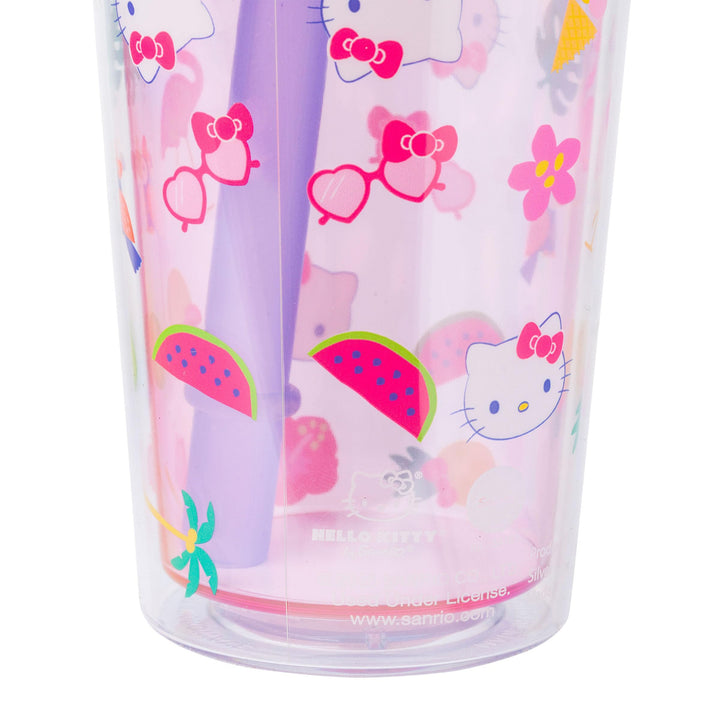 Silver Buffalo Sanrio Hello Kitty Tropical Summer Plastic Boba Tumbler with Lid and Wide Straw, 24 Ounces 24oz Hello Kitty Tropical Tossed Icons