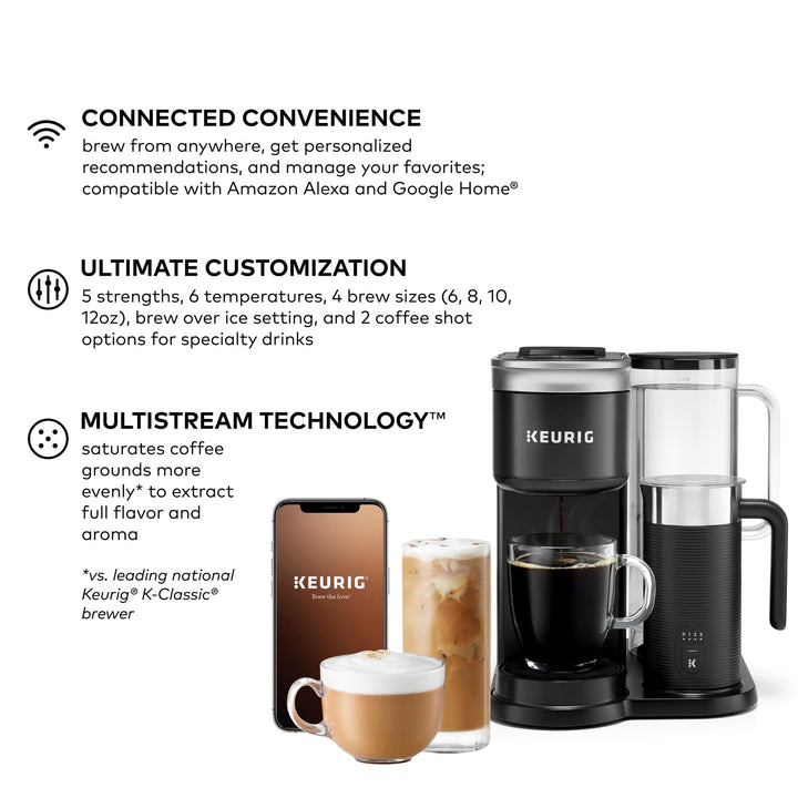 Keurig K-Café SMART Single Serve Coffee Maker with WiFi Compatibility, Latte and Cappuccino Machine with Built-In Frother, 6 Brew Sizes, Compatible with Alexa, Black