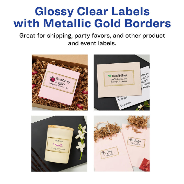 Avery Glossy Clear Labels with Metallic Gold Label Borders, 2" x 4" Rectangle Labels, 60 Total, Laser/Inkjet Printable Labels (6552) 2" x 4" 60 labels Glossy Clear Gold Borders