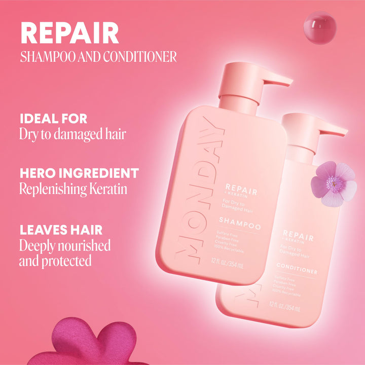 MONDAY HAIRCARE Repair Shampoo and Conditioner Set 12oz for Dry to Damaged Hair + Hair Gummies for Thicker and Stronger Hair (60 count) Strawberry Flavored