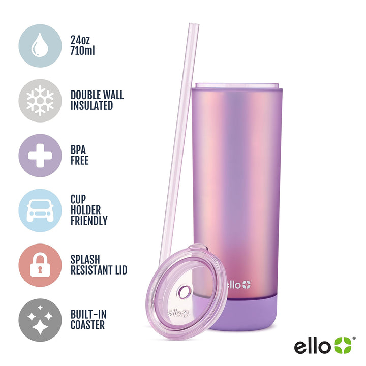 Ello Monterey Double Walled Insulated Plastic Tumbler with Straw and Built-in Coaster, BPA Free, 24oz Lilac