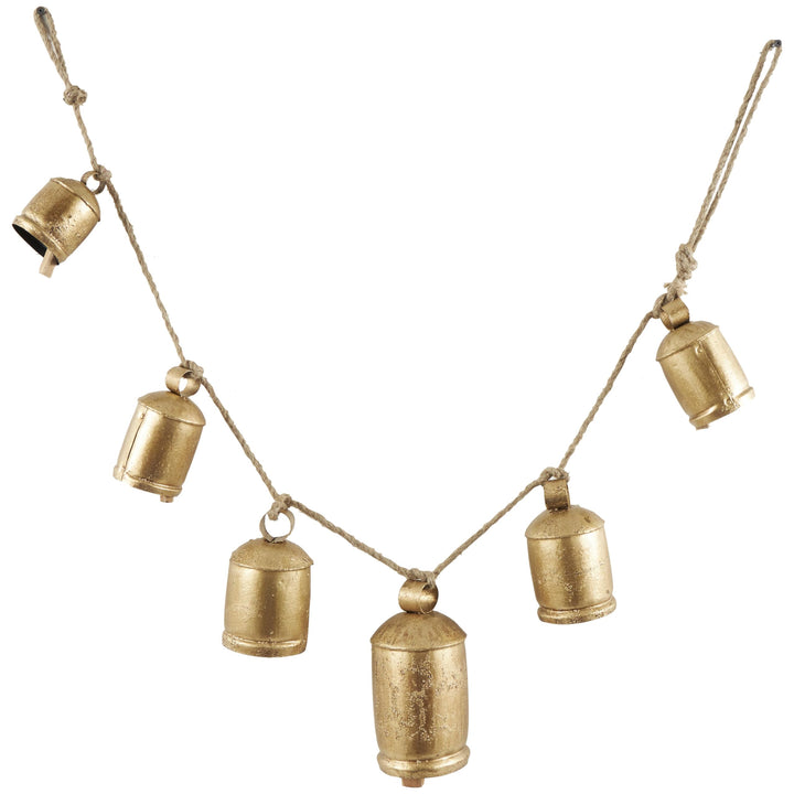 Deco 79 Gold Metal Tibetan Inspired String Hanging Decorative Bells with Jute Hanging Rope 4" x 8" x 52" - Cone 52" x 4" x 8"