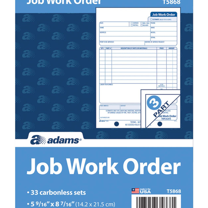 Adams Job Work Order Book, 3-Part Carbonless, White/Canary/White, 5-9/16 x 8-7/16 Inches, 33 Sets (T5868)