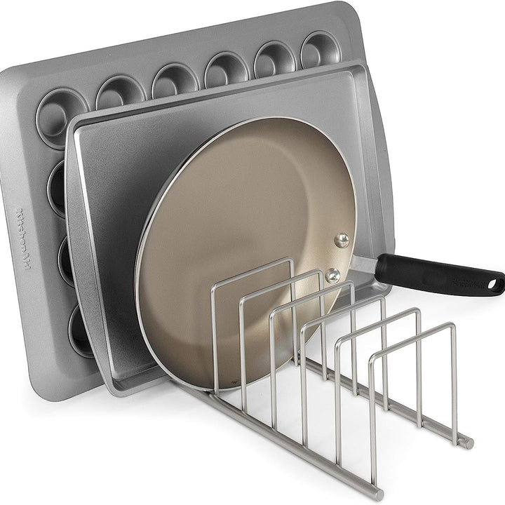 Spectrum Diversified Euro Kitchen Organizer for Plates, Cutting Boards, Bakeware Cooling Racks, Pots & Pans, Serving Trays, Reusable Containers, and Lids, Satin Nickel 13.5" x 4.5" x 4.25"