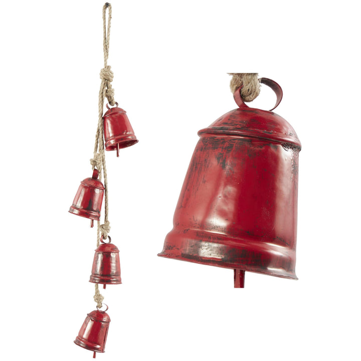 Deco 79 Gold Metal Tibetan Inspired String Hanging Decorative Bells with Jute Hanging Rope 4" x 8" x 52" - Cone 52" x 4" x 8"