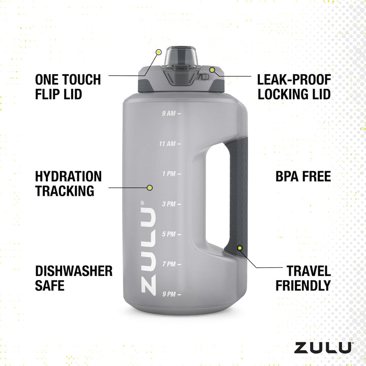 ZULU Goals 64oz Large Half Gallon Jug Water Bottle with Motivational Time Marker, Covered Straw Spout and Carrying Handle, Perfect for Gym, Home, and Sports Grey Plastic