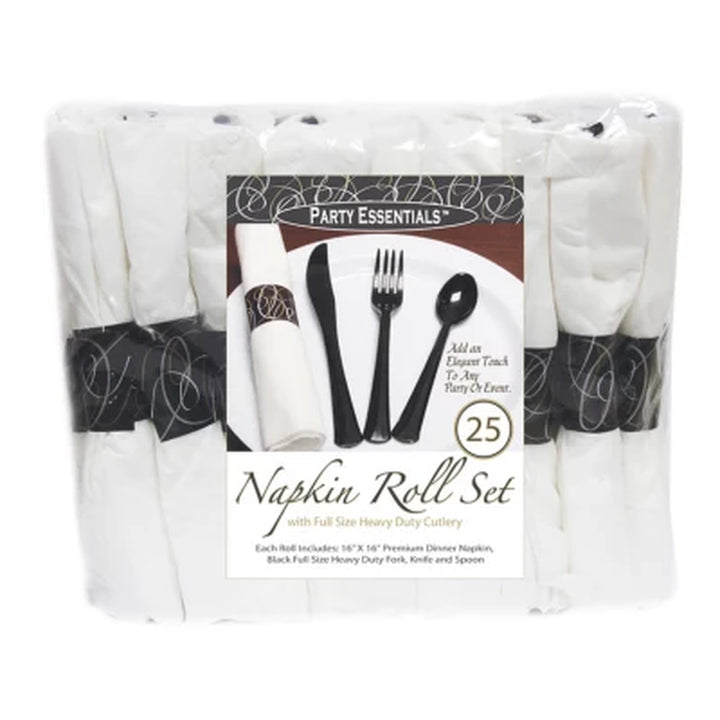 Party Essentials Napkin Roll Bag Set with Black Cutlery (4 - 25 Ct. Packs, 100 Total)