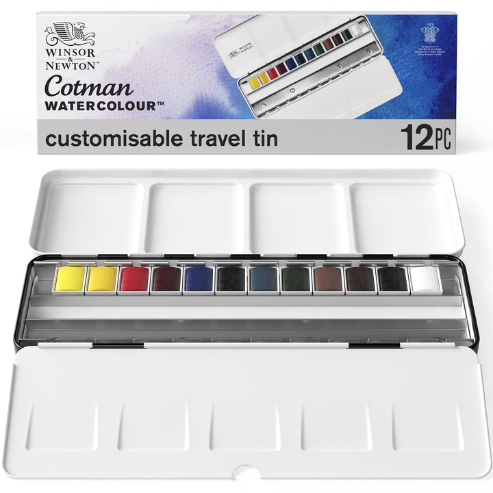 Winsor & Newton Cotman Watercolor Paint Set, Customisable Travel Tin, 12 Half Pan 12 Half Pan Travel Tin