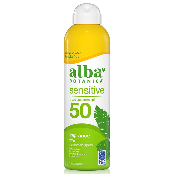 Alba Botanica Sensitive Sunscreen Spray for Face and Body, Fragrance-Free, Broad Spectrum SPF 50, Water Resistant, 5 fl. oz. Bottle 5 Fl Oz (Pack of 1)