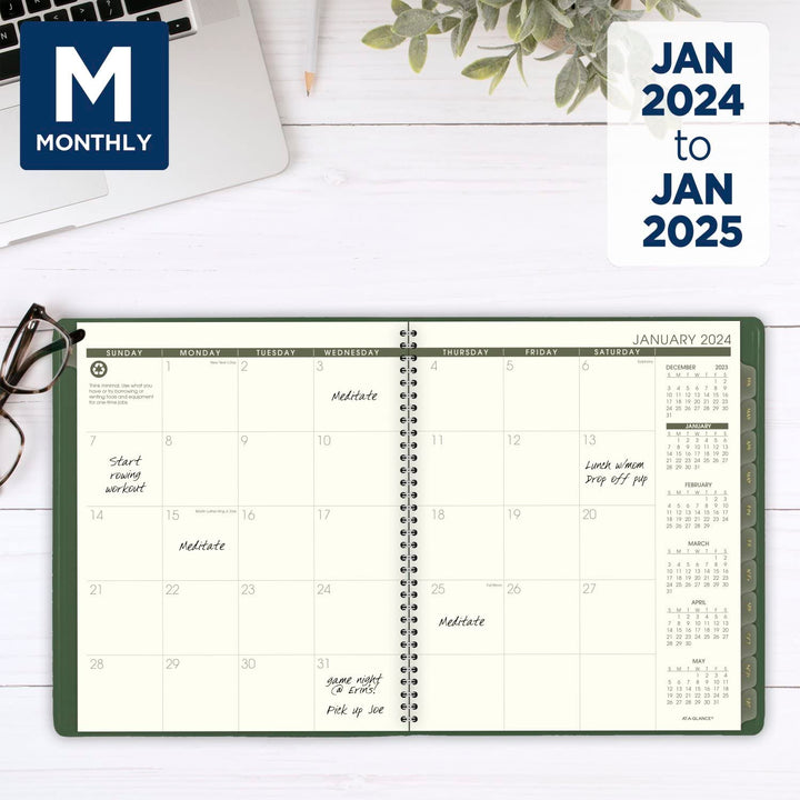 AT-A-GLANCE 2024 Monthly Planner, 9" x 11", Large, Spiral Bound, Recycled, Monthly Tabs, Green (70260G6024) 2024 New Edition