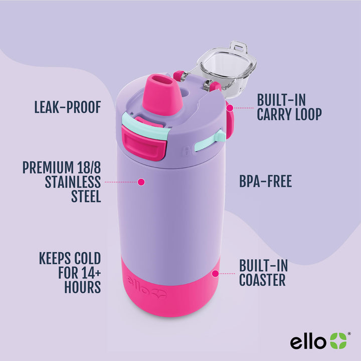 Ello Kids Colby 12oz Stainless Steel Insulated Water Bottle with Straw and Built-In Silicone Coaster Carrying Handle and Leak-Proof Locking Lid for School Backpack, Lunchbox, and Outdoor Sports Lilac/Pink