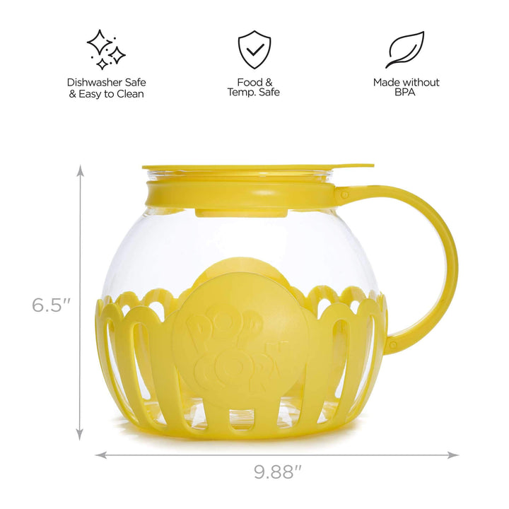 Ecolution Patented Micro-Pop Microwave Popcorn Popper with Temperature Safe Glass, 3-in-1 Lid Measures Kernels and Melts Butter, Made Without BPA, Dishwasher Safe, 3-Quart, Yellow 3-Quart Family Size