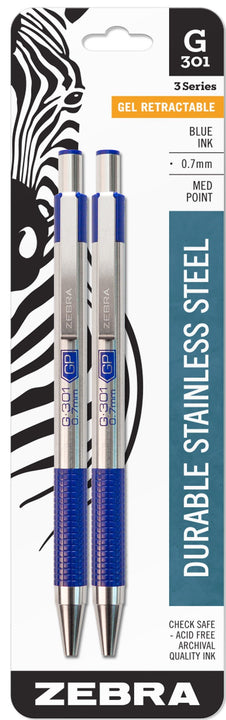 Zebra Pen G-301 Stainless Steel Retractable Gel Pen, Medium Point, 0.7mm, Blue Ink, 2-Count, 2 Pack (41322)