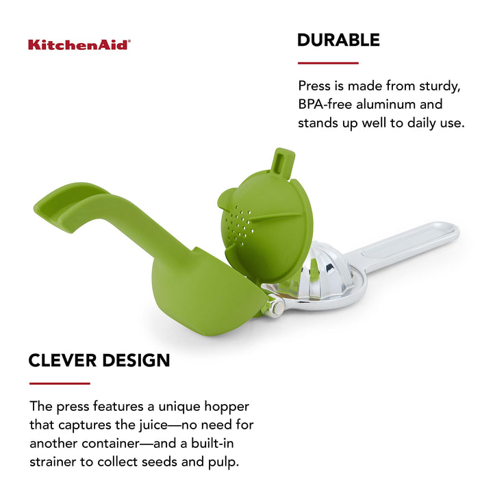 KitchenAid Citrus Juice Press Squeezer for Lemons and Limes with Seed Catcher and Pour Spout, Green, 8 inches