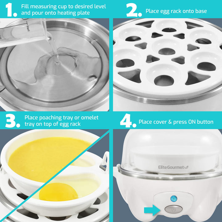 EGC-007 Rapid Egg Cooker, 7 Easy-To-Peel, Hard, Medium, Soft Boiled Eggs, Poacher, Omelet Maker, Auto Shut-Off, Alarm, 16-Recipe Booklet, White 7 Egg