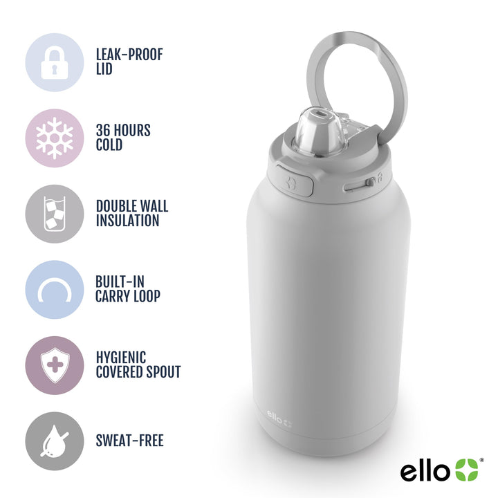 Ello Hydra 64oz Half Gallon Vacuum Insulated Stainless Steel Jug with Locking, Leak-Proof Lid and Soft Silicone Straw, Metal Reusable Water Bottle, Keeps Cold All Day Gray Thermos