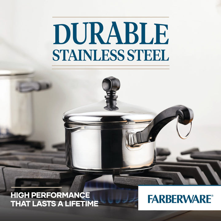 Farberware Classic Stainless Steel 1-Quart Covered Straining Saucepan, Silver