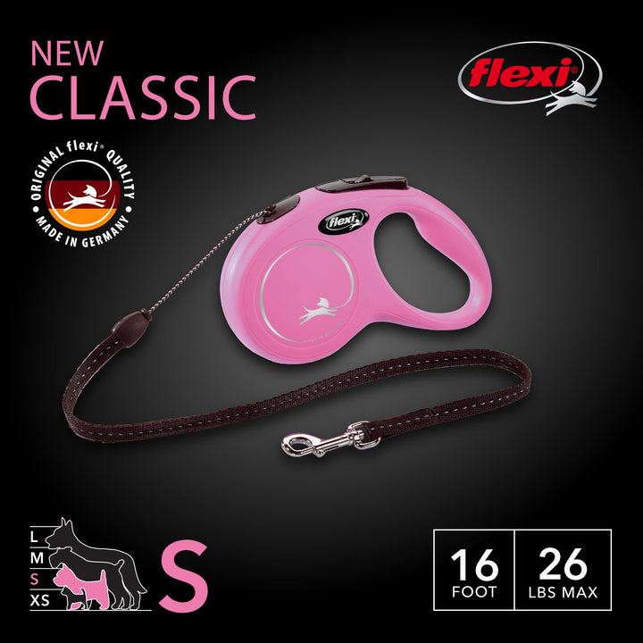 FLEXI New Classic Retractable Dog Leash (Cord), Ergonomic, Durable and Tangle Free Pet Walking Leash for Dogs Up to 26 lbs, 16 ft, Small, Pink Small - 16 ft