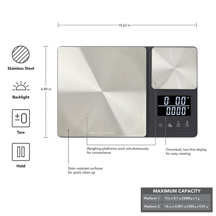 KitchenAid KQ909 Dual Platform Digital Kitchen and Food Scale, 11 pound capacity and Precision 16oz capacity, Black with Stainless Steel