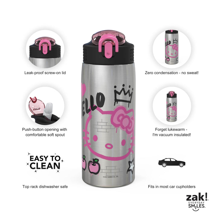 Zak Designs Sanrio Water Bottle for Travel and At Home, 19 oz Vacuum Insulated Stainless Steel with Locking Spout Cover, Built-In Carrying Loop, Leak-Proof Design (Hello Kitty) Hello Kitty