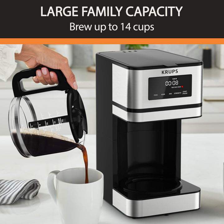 Krups Coffee Maker 10 Cups Digital Simply Brew Stainless Steel Drip Coffee Maker 900 Watts Digital Control, Coffee Filter, Drip Free, Dishwasher Safe Pot Silver and Black 10-Cup Glass & Digital