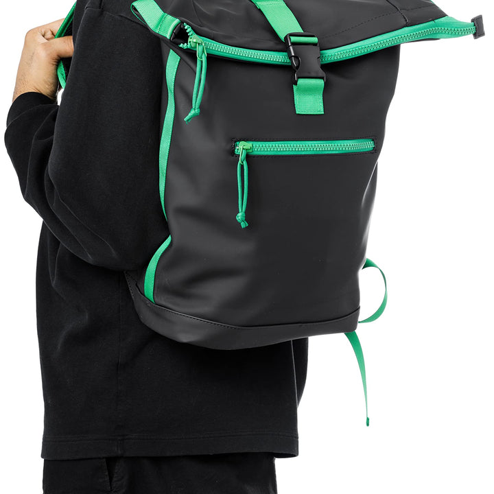 X RAY Roll Top Laptop Backpack for Men Women, PU Leather Expandable Casual Daypack Capacity Adjustable 22L Fits 15.6" Laptop, Black/Kelly Green One Size