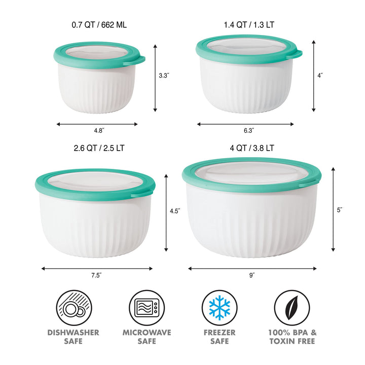 Oggi Prep, Store & Serve Plastic Bowl w/See-Thru Lid- Dishwasher, Microwave & Freezer Safe, (2.6 qt) White/Aqua 2.6 Quart Serve Bowl