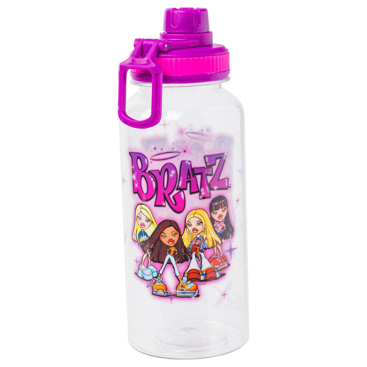 Silver Buffalo Bratz Airbrush Featuring Yasmin, Sasha, Jade, and Cloe Twist Spout Plastic Water Bottle with Stickers You Stick Yourself, 32 Ounces Bratz Airbrush Group Twist