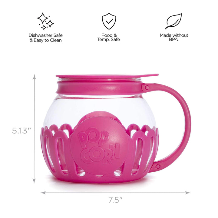 Ecolution Patented Micro-Pop Microwave Popcorn Popper with Temperature Safe Glass, 3-in-1 Lid Measures Kernels and Melts Butter, Made Without BPA, Dishwasher Safe, 1.5-Quart, Pink 1.5-Quart Snack Size Hot Pink