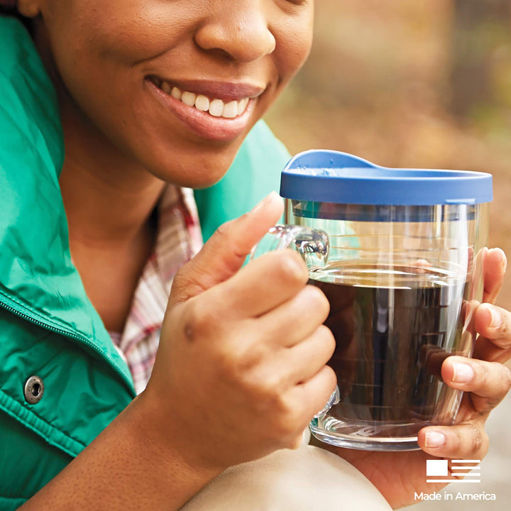 Tervis Clear & Colorful Lidded Made in USA Double Walled Insulated Tumbler Travel Cup Keeps Drinks Cold & Hot, 16oz Mug, Blue Lid