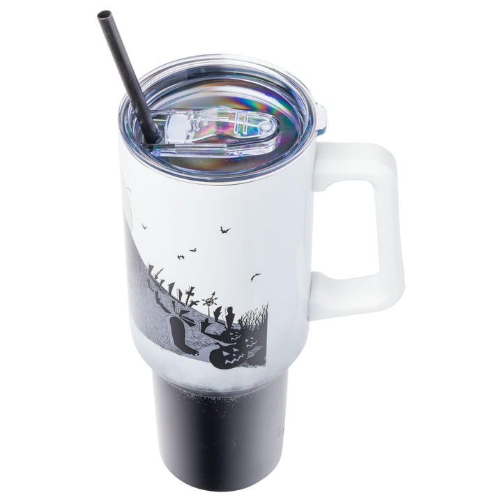 Silver Buffalo Disney Nightmare Before Christmas by Tim Burton Jack Skellington Hill and Moon Stainless Steel Tumbler with Handle and Straw, Fits in Standard Cup Holder, 40 Ounces