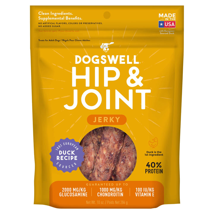 DOGSWELL Jerky Hip and Joint Dog Treats Grain Free Made in USA Only, Glucosamine and Chondroitin, 10 oz Duck (842194) 10 Ounce (Pack of 1)